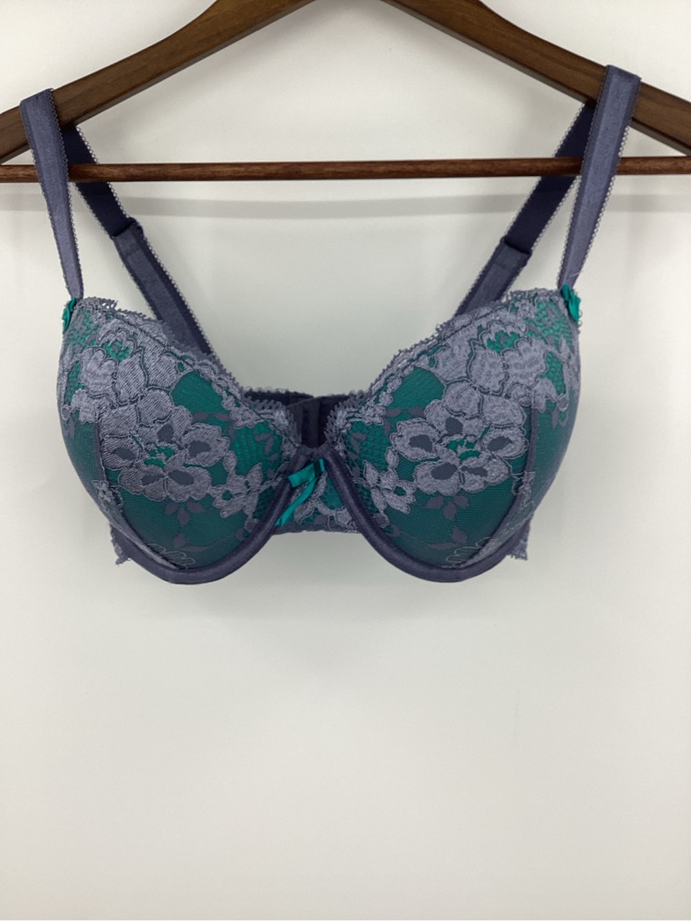 Underwire Lace Bra in Teal and Gray with Floral Overlay